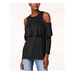 KENSIE Womens Black Ruffled Cold Shoulder Long Sleeve Crew Neck Blouse S